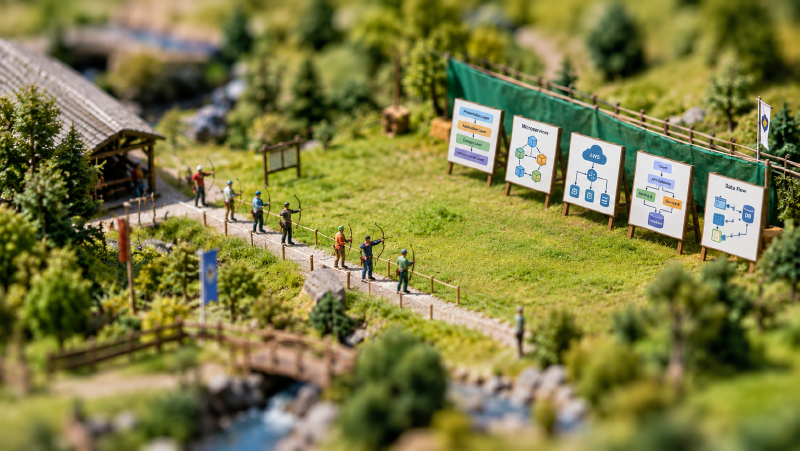Banner showing a miniature archery range with architecture diagrams as targets